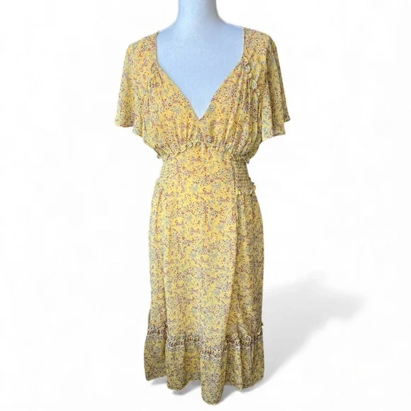 Max Studio Yellow Floral Midi Dress flutter sleeve feminine cottagecore XL - Picture 1 of 9